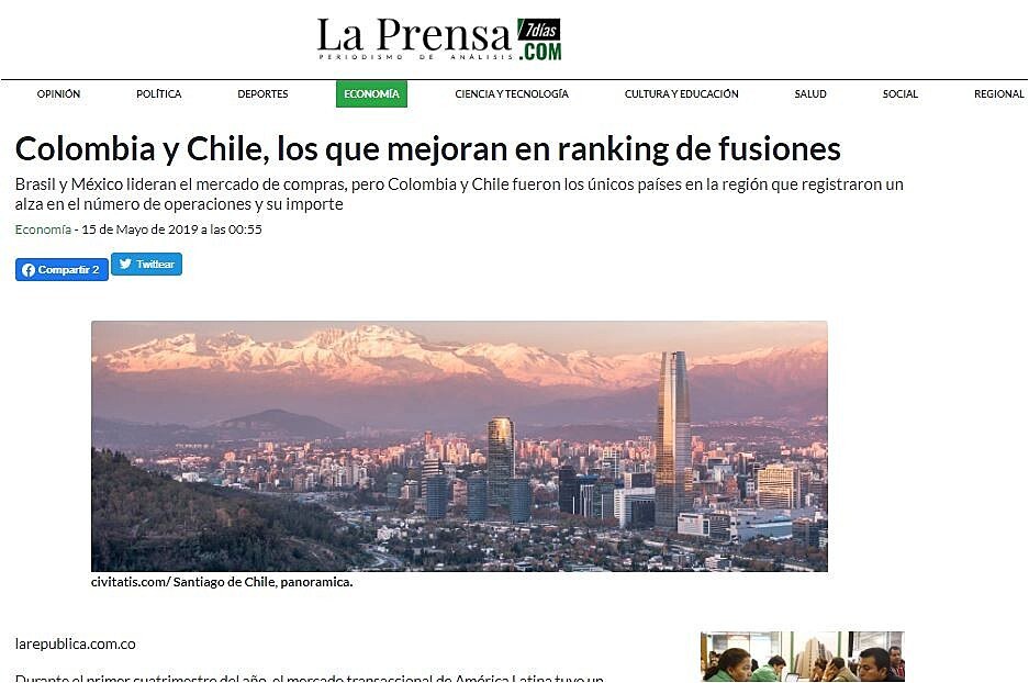 Colombia y Chile, los que mejoran en ranking de fusiones